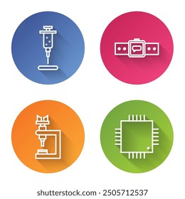 Jeringa, Smartwatch, Microscopio y Procesador con microcircuitos CPU. Botón de círculo de color. Vector