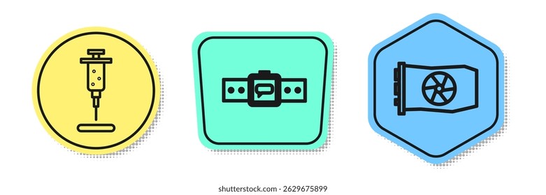 Set line Syringe, Smartwatch and Video graphic card. Colored shapes. Vector