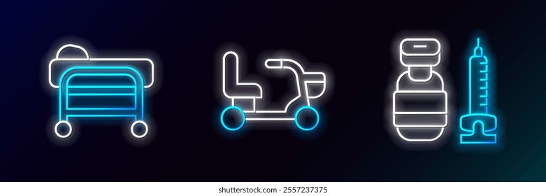 Set line Syringe, Stretcher and Electric wheelchair icon. Glowing neon. Vector