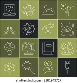 Set line Syringe, Timing belt kit, Eye scan, Experimental mouse, Virus, Drawing compass, Chemical formula and Telescope icon. Vector