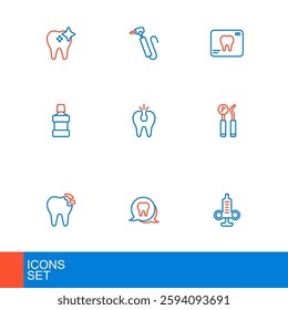 Set line Syringe, Tooth, Broken tooth, Dental mirror and probe, Mouthwash, X-ray of and drill icon. Vector