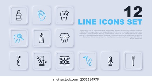 Set line Syringe, Toothbrush, Tube of toothpaste, drill, Broken, Medical dental chair, Toothache and Dentures model icon. Vector