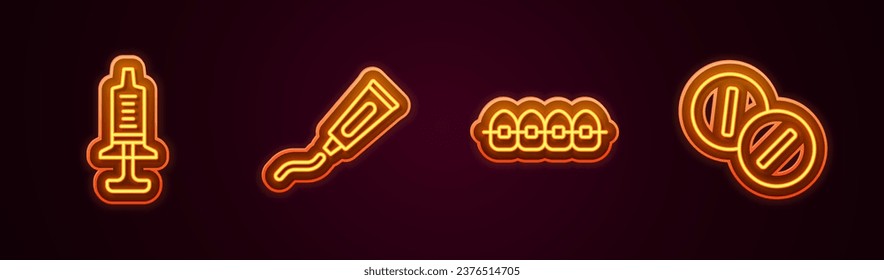 Set line Syringe, Tube of toothpaste, Teeth with braces and Toothache painkiller tablet. Glowing neon icon. Vector