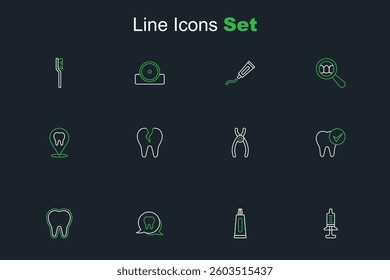 Set line Syringe, Tube of toothpaste, Tooth, Dental pliers, Broken and clinic location icon. Vector