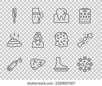 Set-Line-Spritze, Virus, Zahn mit Karies, Hepatitis-Virus, medizinisches Thermometer, Krankenschwester, flacher Fuß und menschliches Knochensymbol. Vektorgrafik