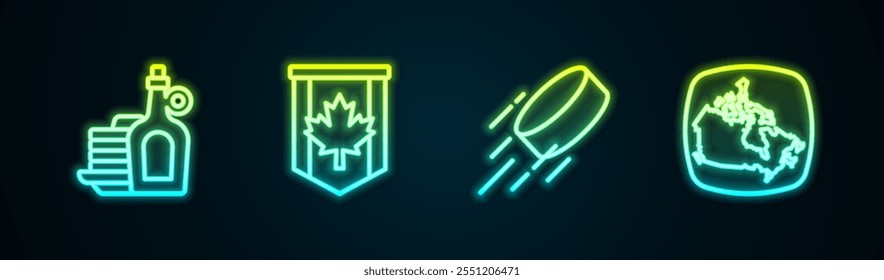 Set línea jarabe con panqueques, banderín bandera de Canadá, disco de hockey y mapa. Icono de neón brillante. Vector