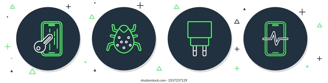 Set line System bug, Charger, Glass screen protector and Phone repair service icon. Vector