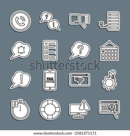 Set line System bug concept, Wrench and screwdriver in gear, Calendar, Dislike, Create account screen mobile, Speech bubble chat notification, Phone call and Question icon. Vector