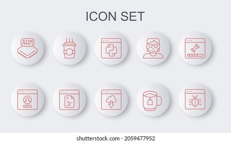 Set line System bug, Create account screen, Python programming language, Cup of tea with tea bag, Processor, Coffee cup to go, Software and Cloud technology data transfer icon. Vector