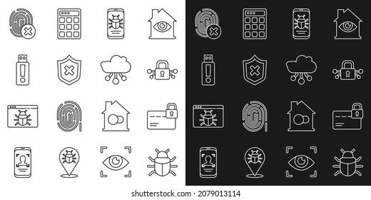 Establecer la línea Error del sistema, tarjeta de crédito con bloqueo, ciberseguridad, móvil, marca de escudo, unidad flash USB, huella digital cancelada e icono de Internet de cosas. Vector