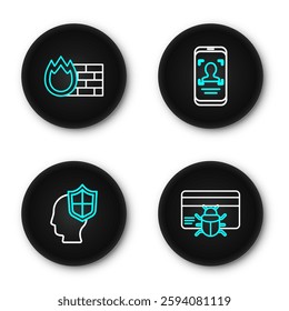 Set line System bug in credit card, Head with shield, Mobile and face recognition and Firewall, security wall icon. Vector
