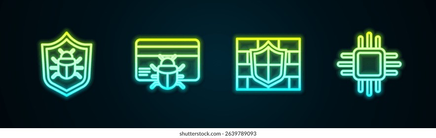 Set line System bug, in credit card, Shield with brick wall and Processor microcircuits CPU. Glowing neon icon. Vector
