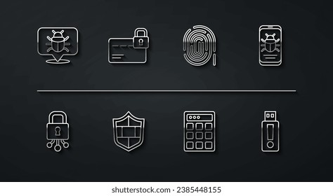 Establecer la línea Error del sistema, ciberseguridad, en el móvil, protección con contraseña, Escudo con pared de ladrillo, bloqueo de tarjeta de crédito, unidad flash USB e icono de huella digital. Vector