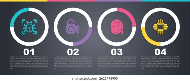 Configure o bug do sistema de linha, segurança cibernética, impressão digital e processador com CPU de microcircuitos. Modelo de infográfico comercial. Vetor