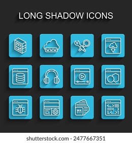 Set line System bug, Debugging, Computer, Processor, Software, Headphones,  and Online play video icon. Vector