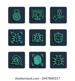 Set line System bug, Fingerprint, Lock hand, on monitor, Safe combination lock and Shield with brick wall icon. Vector