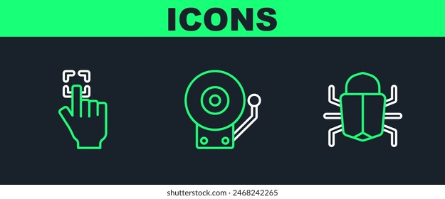 Set line System bug, Fingerprint and Ringing alarm bell icon. Vector