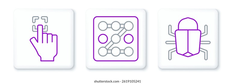 Set line System bug, Fingerprint and Graphic password protection icon. Vector