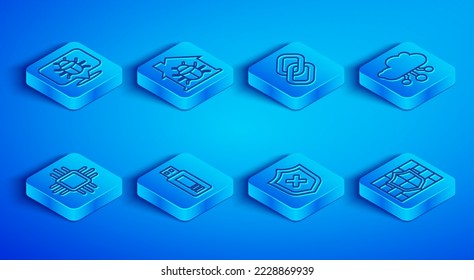 Set line System bug, House system, Chain link, USB flash drive, Shield with cross mark, Internet of things, Processor microcircuits CPU and brick wall icon. Vector