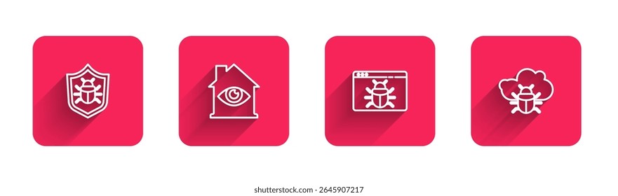 Set line System bug, House with eye scan,  and on cloud with long shadow. Red square button. Vector