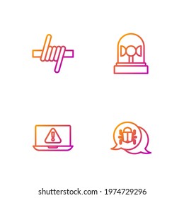Set line System bug, Laptop with exclamation mark, Barbed wire and Flasher siren. Gradient color icons. Vector