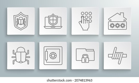 Establecer línea Error del sistema, Laptop protegida con blindaje, Seguro, Carpeta y bloqueo, Alambre de púas, Protección de contraseña, Contraseña de la casa e icono. Vector