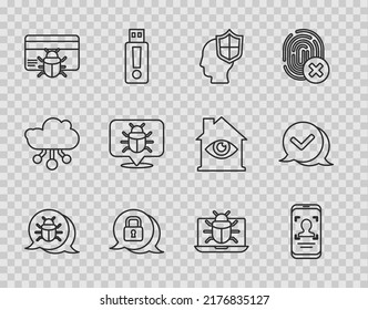Set line System bug, Mobile and face recognition, Head with shield, Cyber security, in credit card, monitor and Check mark speech bubble icon. Vector