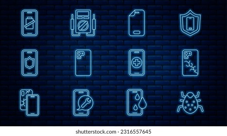 Set line System bug, Mobile with broken screen, Glass protector, Smartphone, shield, battery charge, Phone repair service and Multimeter icon. Vector