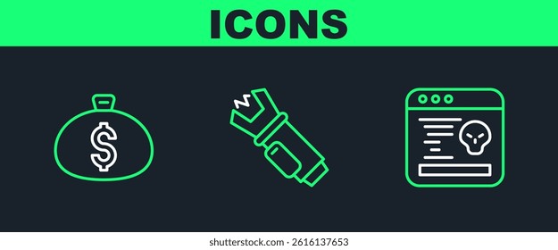 Set line System bug, Money bag and Police electric shocker icon. Vector