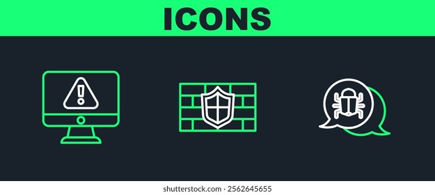 Set line System bug, Monitor with exclamation mark and Shield brick wall icon. Vector
