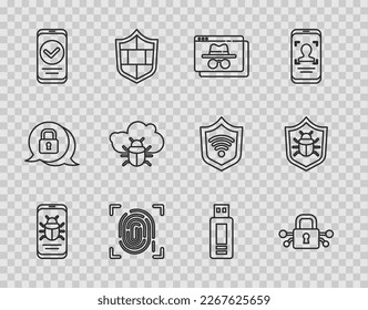 Set line System bug on mobile, Cyber security, Browser incognito window, Fingerprint, Smartphone, cloud, USB flash drive and  icon. Vector