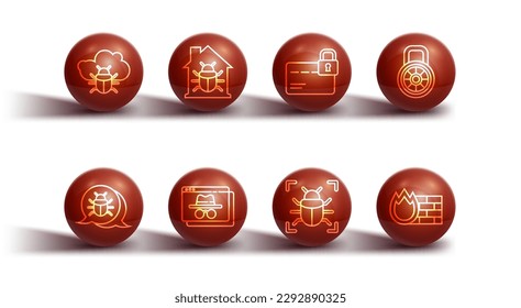 Set line System bug on a cloud, Safe combination lock, Browser incognito window, House system, Firewall, security wall and Credit card with icon. Vector