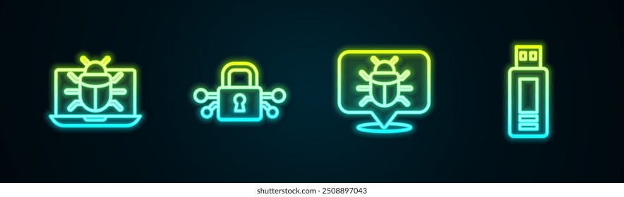 Set line System bug on monitor, Cyber security,  and USB flash drive. Glowing neon icon. Vector