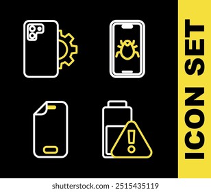 Definir linha Bug do sistema no celular, carga da bateria do Smartphone, protetor de tela de vidro e ícone do serviço de reparo do telefone. Vetor