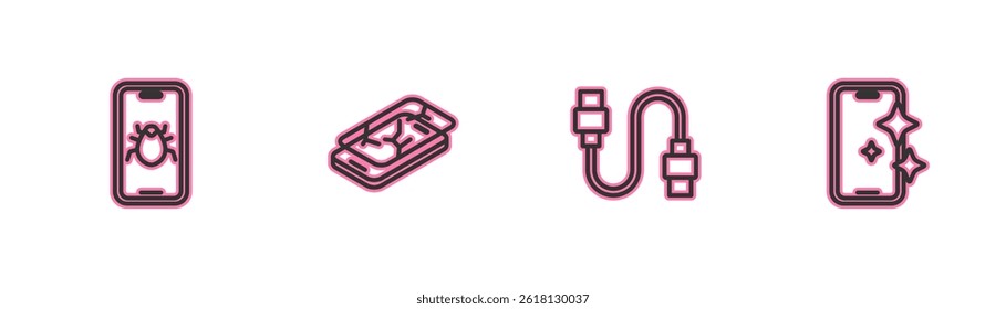 Set line System bug on mobile, USB cable cord, Mobile with broken screen and Glass protector icon. Vector