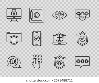 Definir linha Bug do sistema, Proteção por senha, Eye scan, Bloquear monitor, Smartphone, Shield e com ícone de marca de seleção. Vetor