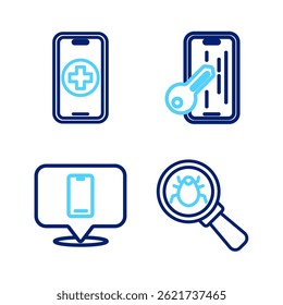 Definir linha Bug do sistema, Serviço de reparo do telefone, Protetor de tela de vidro e ícone. Vetor