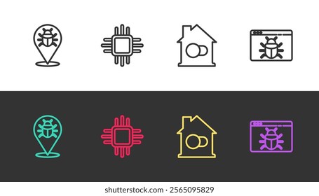 Set line System bug, Processor with microcircuits CPU, Smart home and  on black and white. Vector