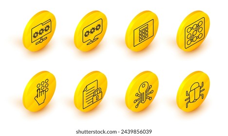 Set line System bug, Smart key, Document and lock, Password protection, Graphic password,  and Folder with icon. Vector
