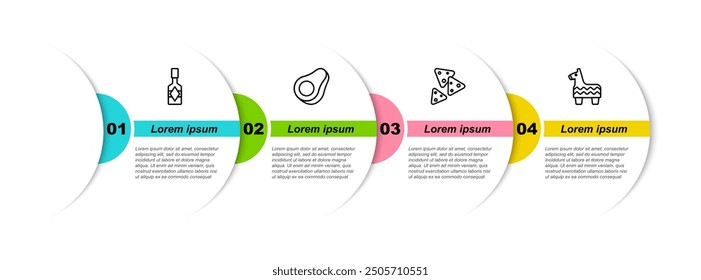 Set line Tabasco sauce, Avocado fruit, Nachos and Pinata. Business infographic template. Vector