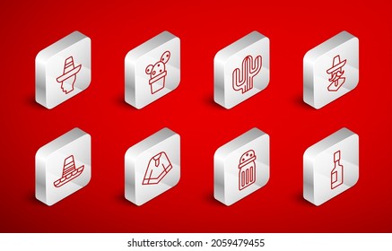 Set Linie Tabasco Sauce, Kaktus oder sukkulent in Topf, mexikanischer Mann sombrero, Salz, Poncho und Symbol. Vektorgrafik