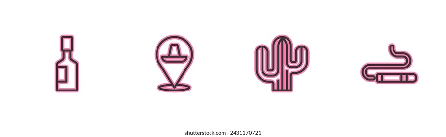 Fije la línea de salsa de Tabasco, Cactus, sombrero mexicano e ícono de cigarro. Vector