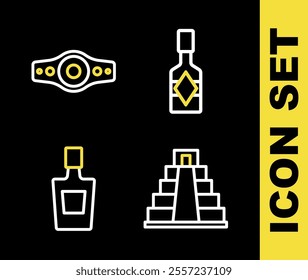 Set line Tabasco sauce, Chichen Itza in Mayan, Tequila bottle and Wrestling championship belt icon. Vector