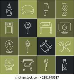 Set line Tabasco sauce, Crossed fork and spatula, Location with fire flame, Meat chopper, Kitchen thermometer, Matchbox matches, Sauce bottle and Barbecue grill icon. Vector