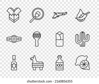 Ponga la línea de la salsa de Tabasco, la lima, las pistolas de Vintage, Pinata, Poncho, Maracas, la botella de Tequila e ícono de Cactus. Vector