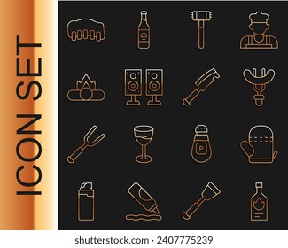 Set line Tabasco sauce, Oven glove, Sausage on the fork, Kitchen hammer, Stereo speaker, Campfire, Grilled pork bbq ribs and Meat chopper icon. Vector