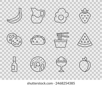 Set line Tabasco sauce, Plum fruit, Scrambled egg, Donut, Banana, Taco with tortilla, Ice cream in the bowl and Watermelon icon. Vector