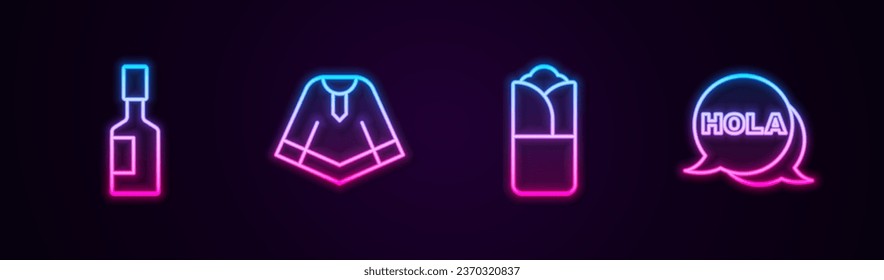 Set line Tabasco sauce, Poncho, Burrito and Hola. Glowing neon icon. Vector