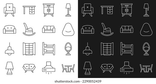 Set line Table with chair, Armchair, Pouf, Furniture nightstand, Rocking,  and Sofa icon. Vector