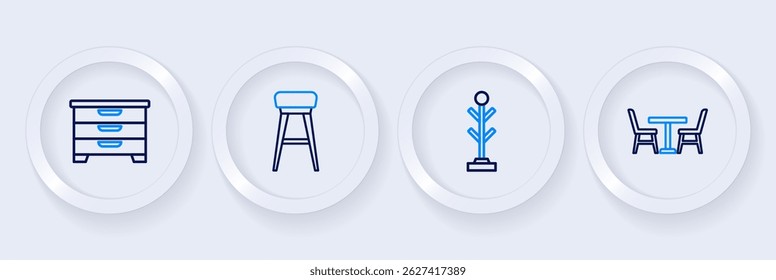 Set line Table with chair, Coat stand, Chair and Chest of drawers icon. Vector